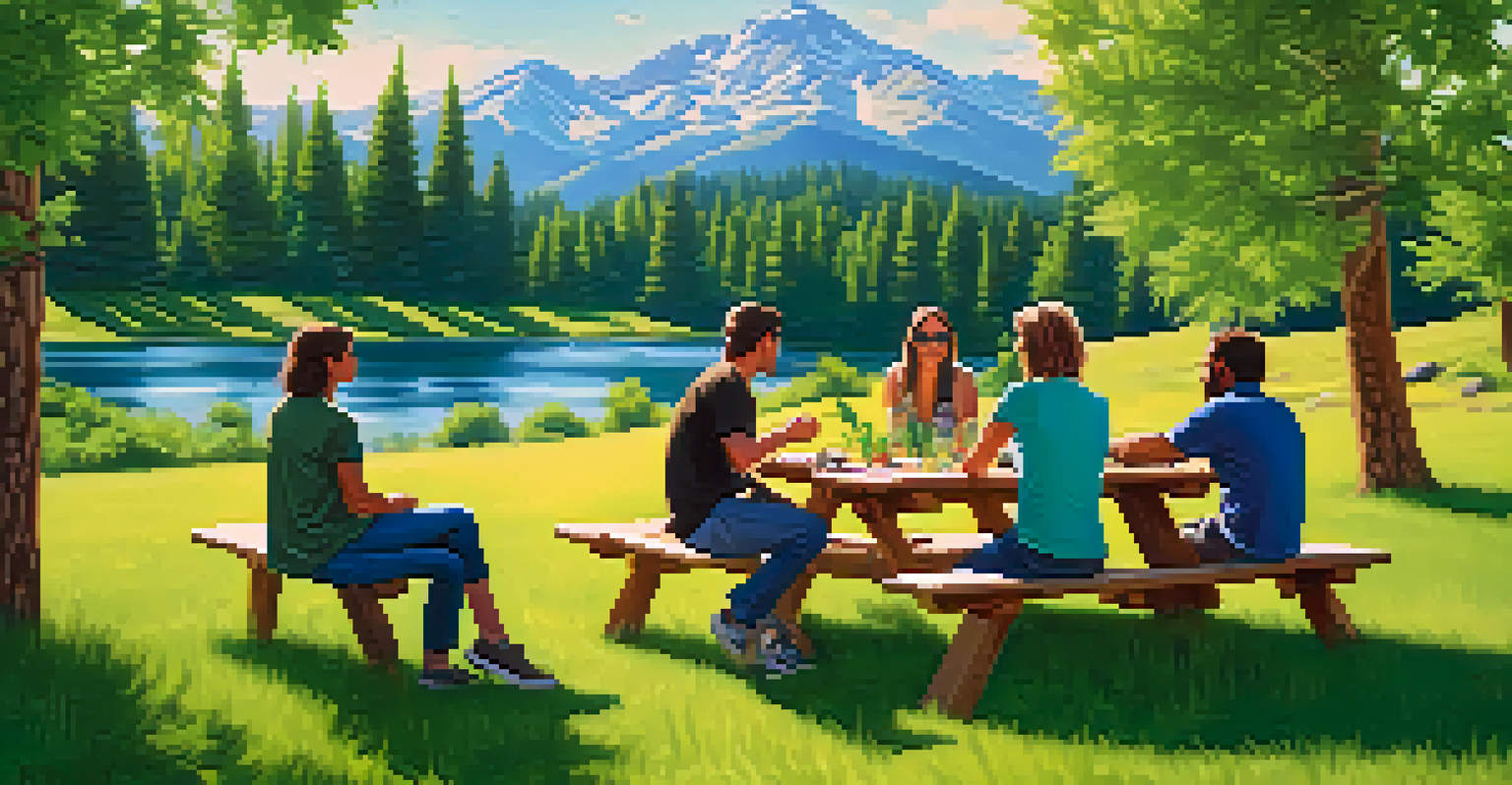 A group of friends enjoying cannabis edibles at a picnic table in a green park with mountains in the background.