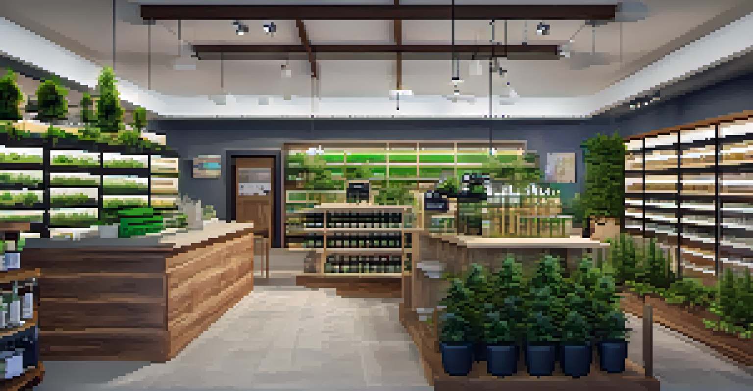A modern cannabis dispensary interior with products on shelves and a staff member assisting a customer.