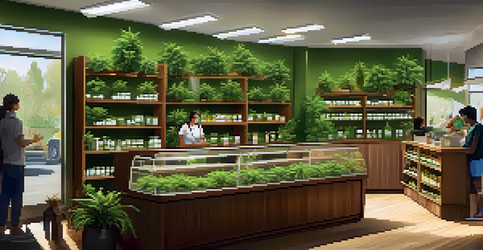 Interior of a medical marijuana dispensary with customers and staff, sunlight illuminating cannabis products on display.