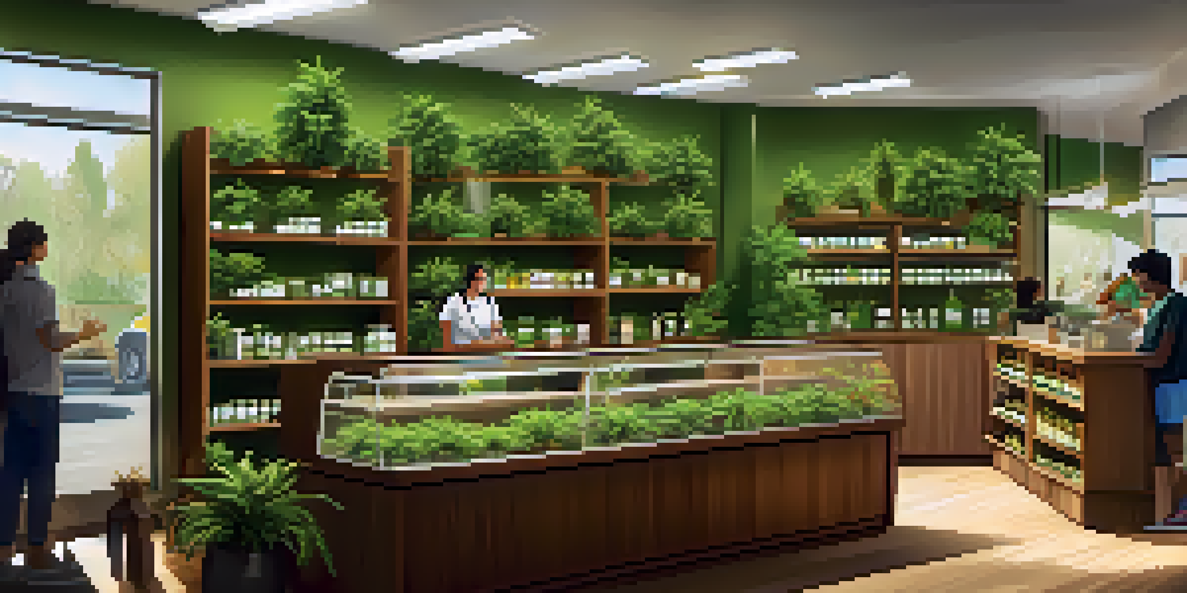 Interior of a medical marijuana dispensary with customers and staff, sunlight illuminating cannabis products on display.