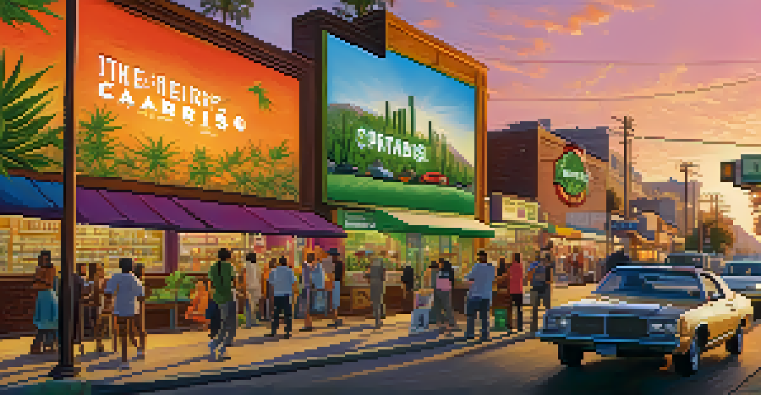 A busy street in California with a cannabis dispensary and colorful billboards, filled with diverse people during sunset.