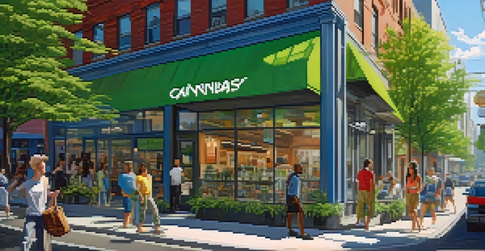 A modern cannabis dispensary on an urban street, with customers and greenery around.