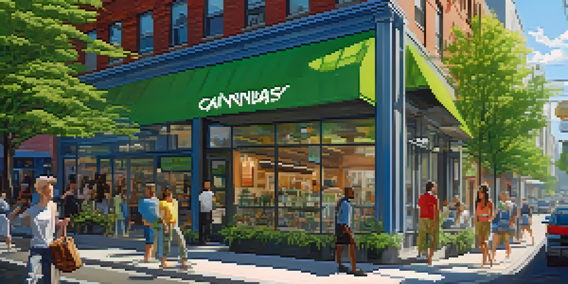A modern cannabis dispensary on an urban street, with customers and greenery around.