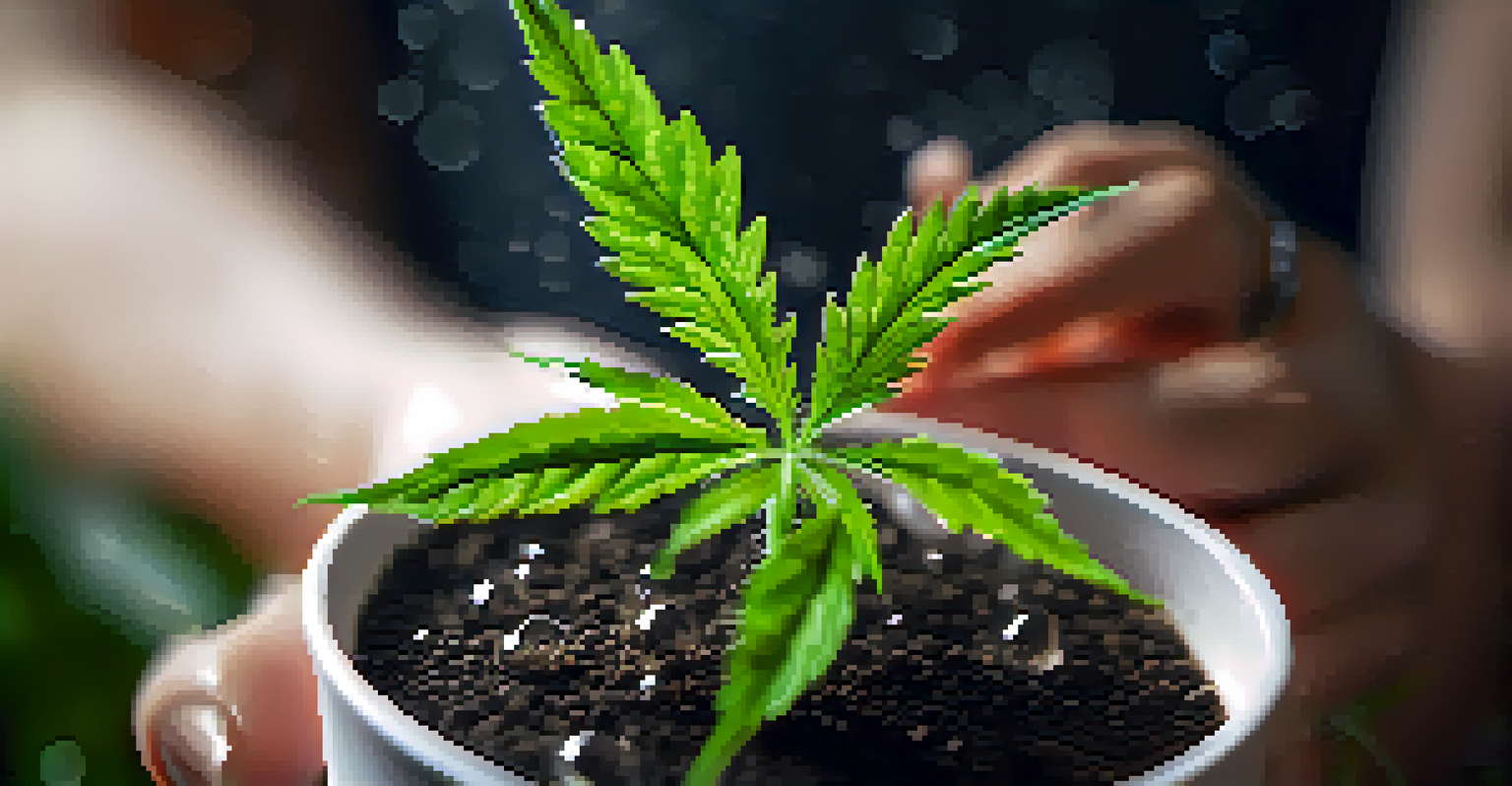 A close-up of a hand holding a small cannabis plant in a pot, highlighting its green leaves and water droplets.