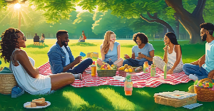 A diverse group of friends having a picnic in a park, with cannabis products on a blanket, surrounded by trees and flowers.