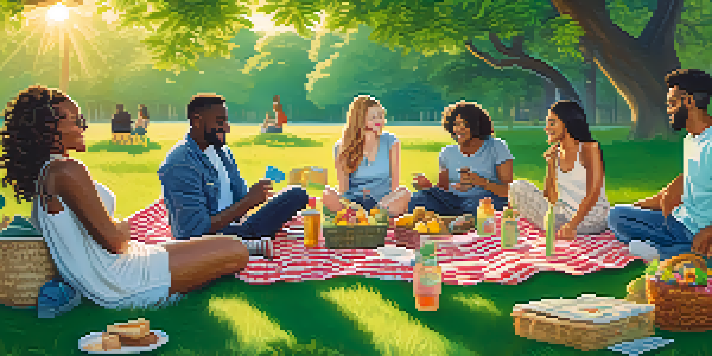 A diverse group of friends having a picnic in a park, with cannabis products on a blanket, surrounded by trees and flowers.