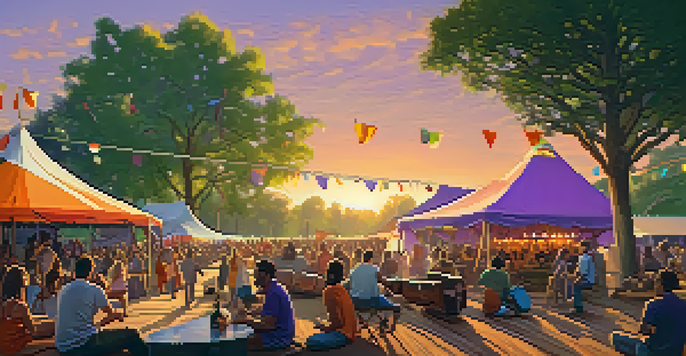 A lively outdoor music festival at sunset with diverse people enjoying live music, colorful tents, and musicians playing instruments on stage.