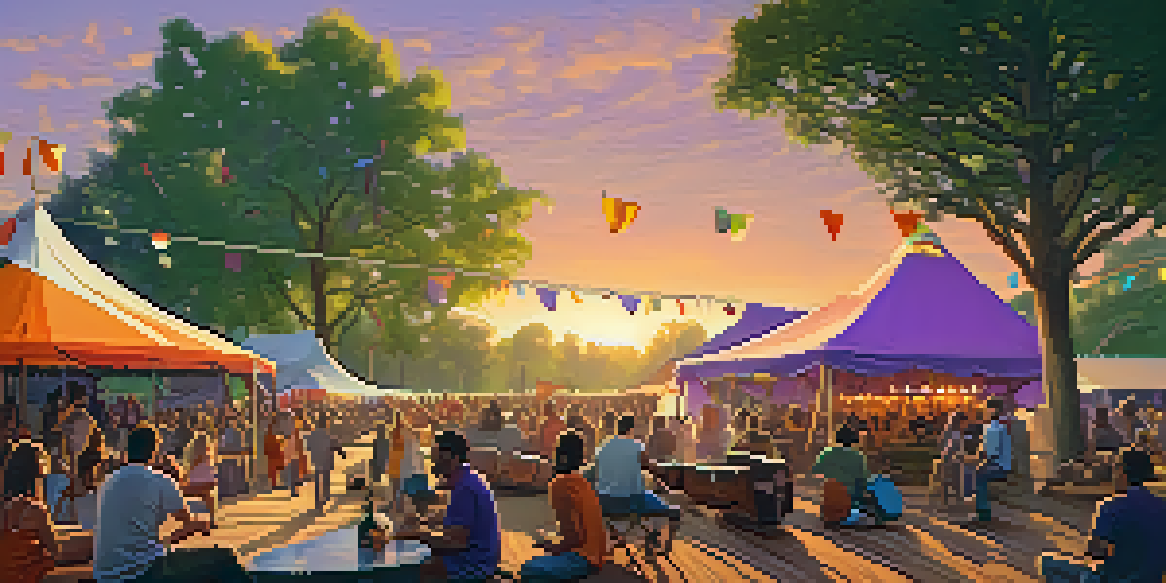 A lively outdoor music festival at sunset with diverse people enjoying live music, colorful tents, and musicians playing instruments on stage.