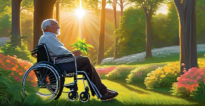 A disabled individual in a wheelchair in a park, holding a cannabis plant with a sunset in the background.