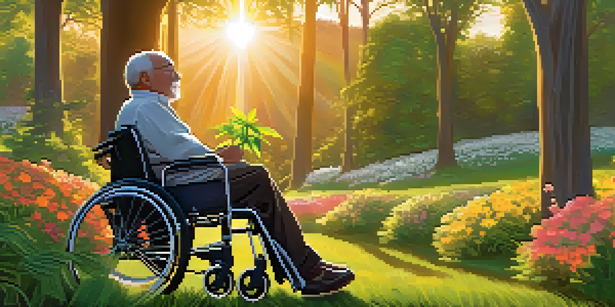 A disabled individual in a wheelchair in a park, holding a cannabis plant with a sunset in the background.