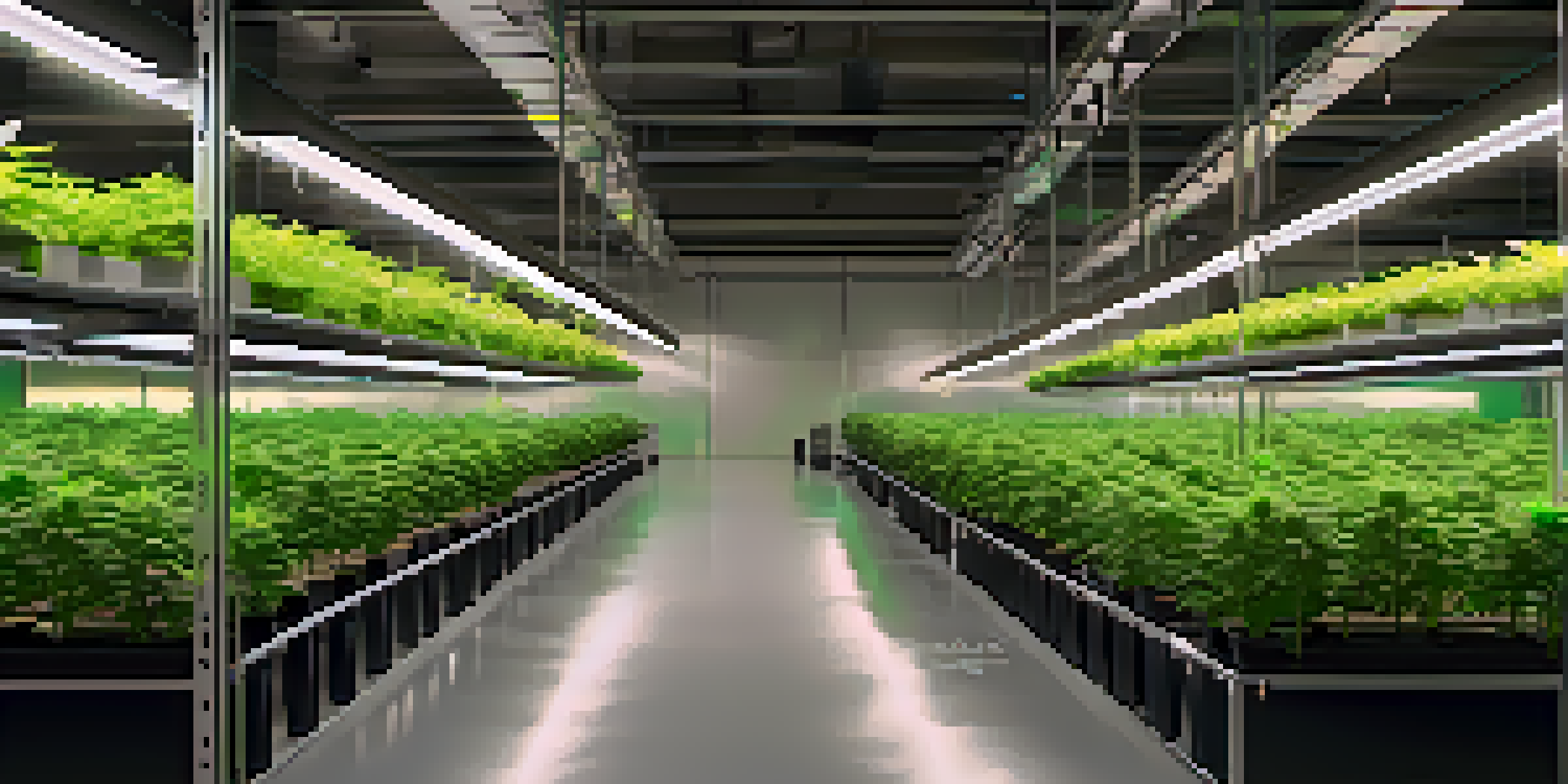 An indoor cannabis cultivation room with healthy green plants under LED lights, featuring organized spaces and climate control equipment.