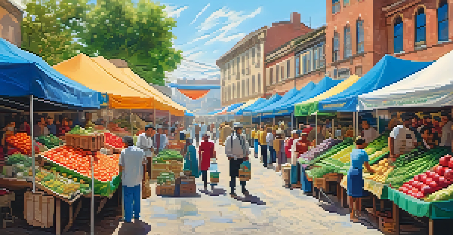 A lively marketplace with colorful fruits and vegetables, vendors, and people interacting under a blue sky.