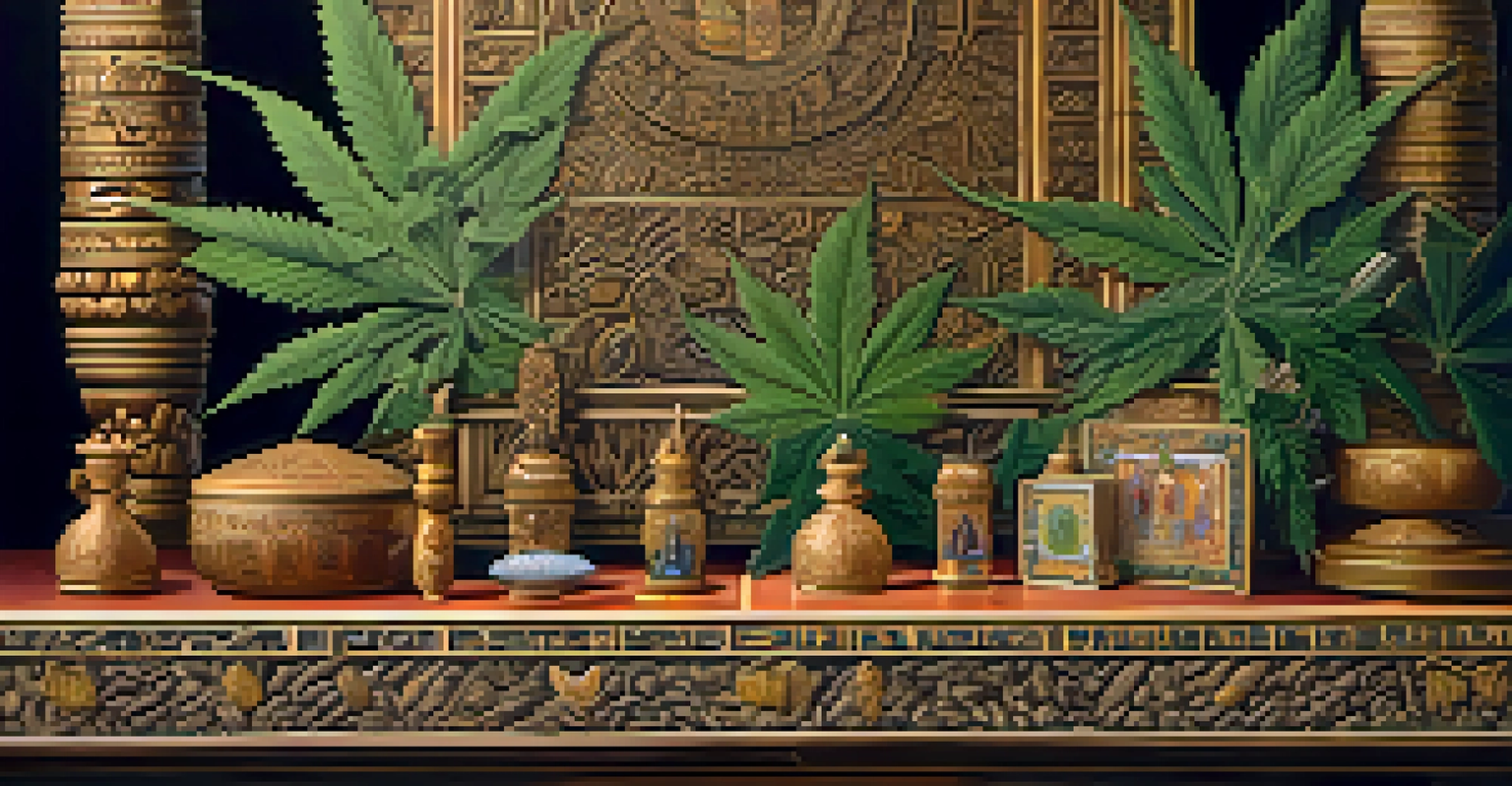 Close-up of cannabis leaves and flowers on a wooden altar with cultural artifacts, softly illuminated to highlight textures.