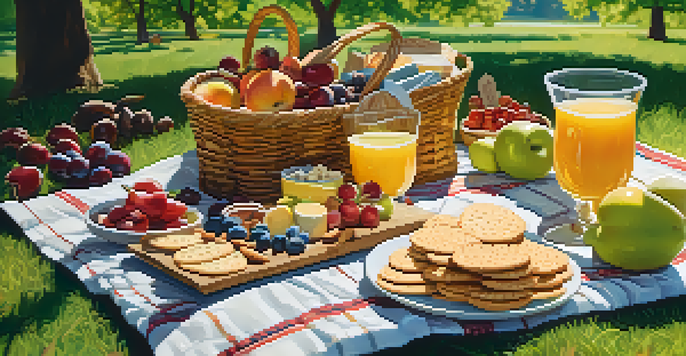A picnic spread with healthy snacks including fruits and nuts on a blanket in a park, with sunlight filtering through the trees.