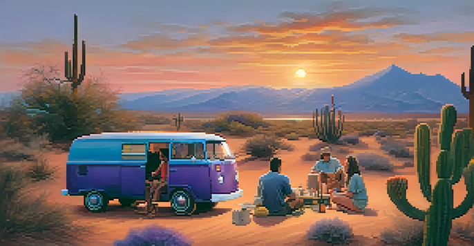 A sunset desert scene with a vintage van and friends gathered around a campfire, creating a relaxed atmosphere.