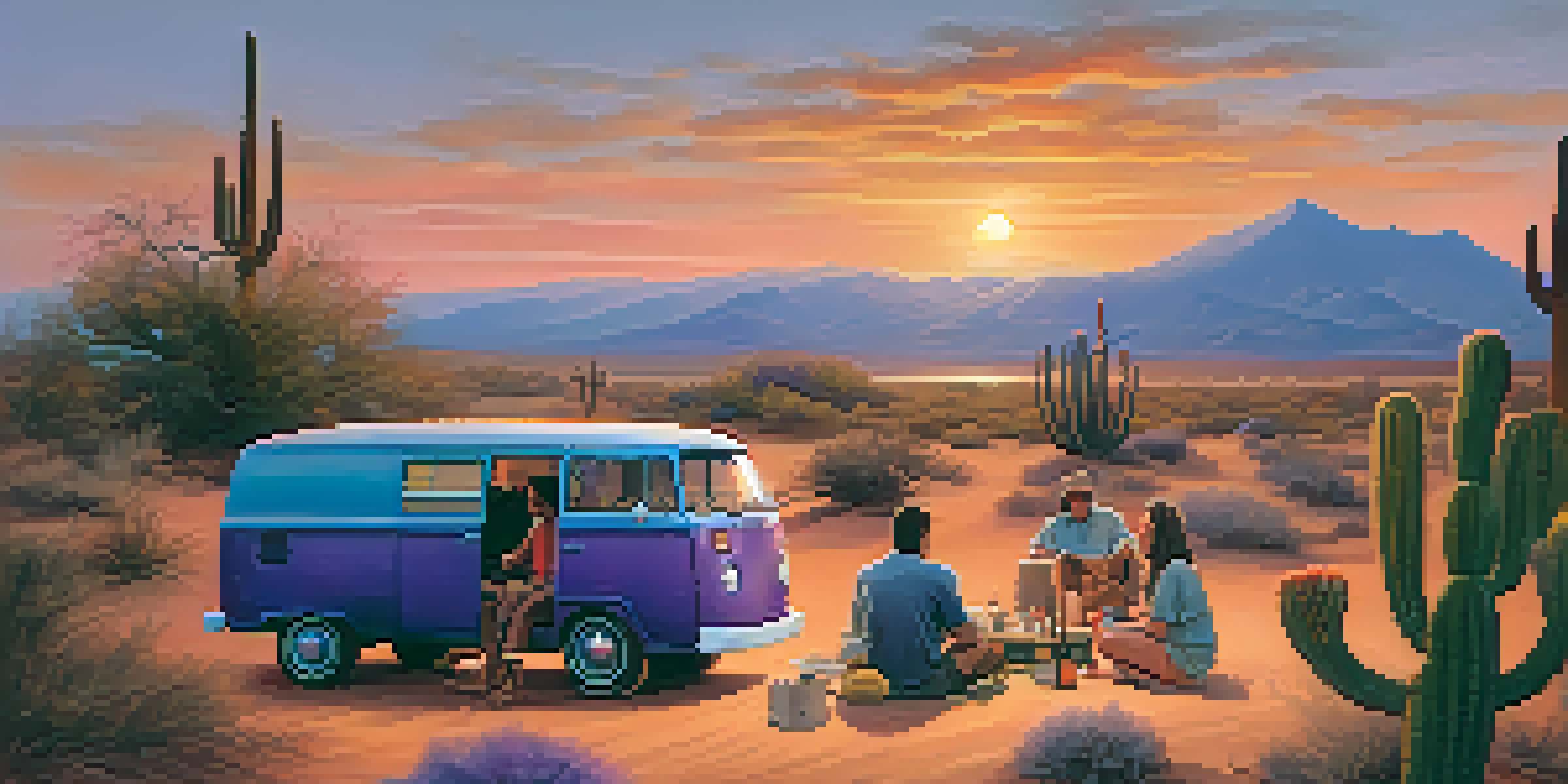 A sunset desert scene with a vintage van and friends gathered around a campfire, creating a relaxed atmosphere.