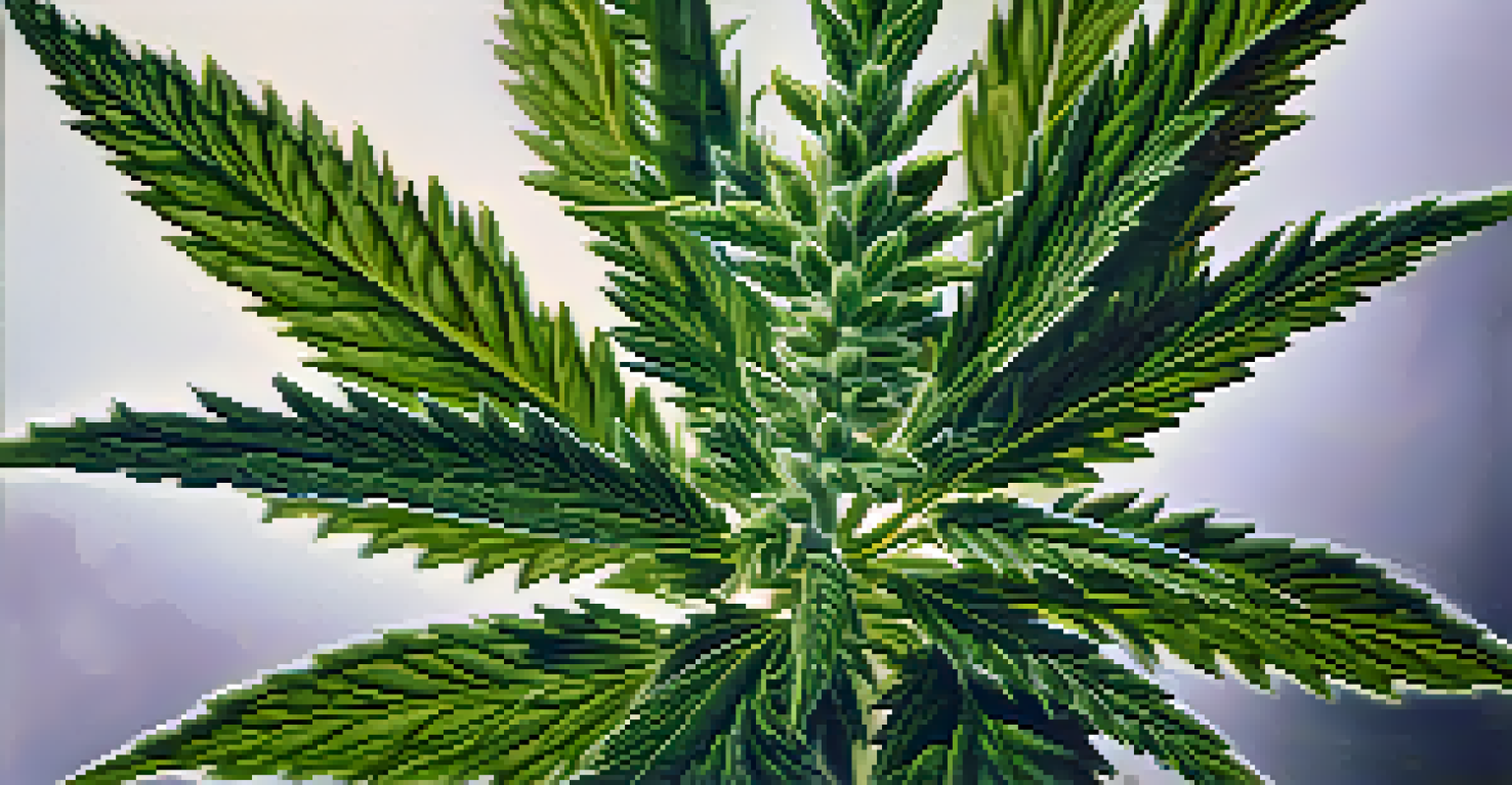 A close-up view of a cannabis plant showcasing its green leaves and detailed buds in soft lighting.