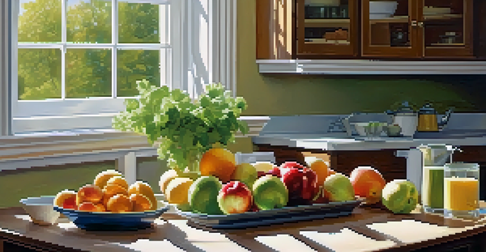 A bright kitchen with fresh fruits and vegetables on a wooden table, highlighting a healthy lifestyle.