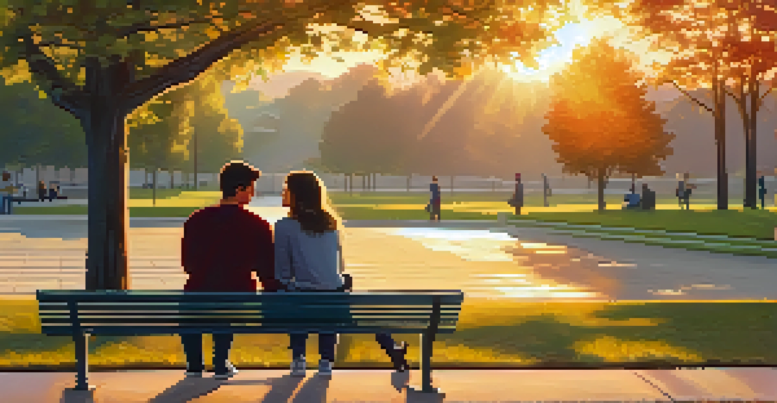 A parent and teenager sitting on a bench in a park during sunset, engaged in a meaningful conversation.