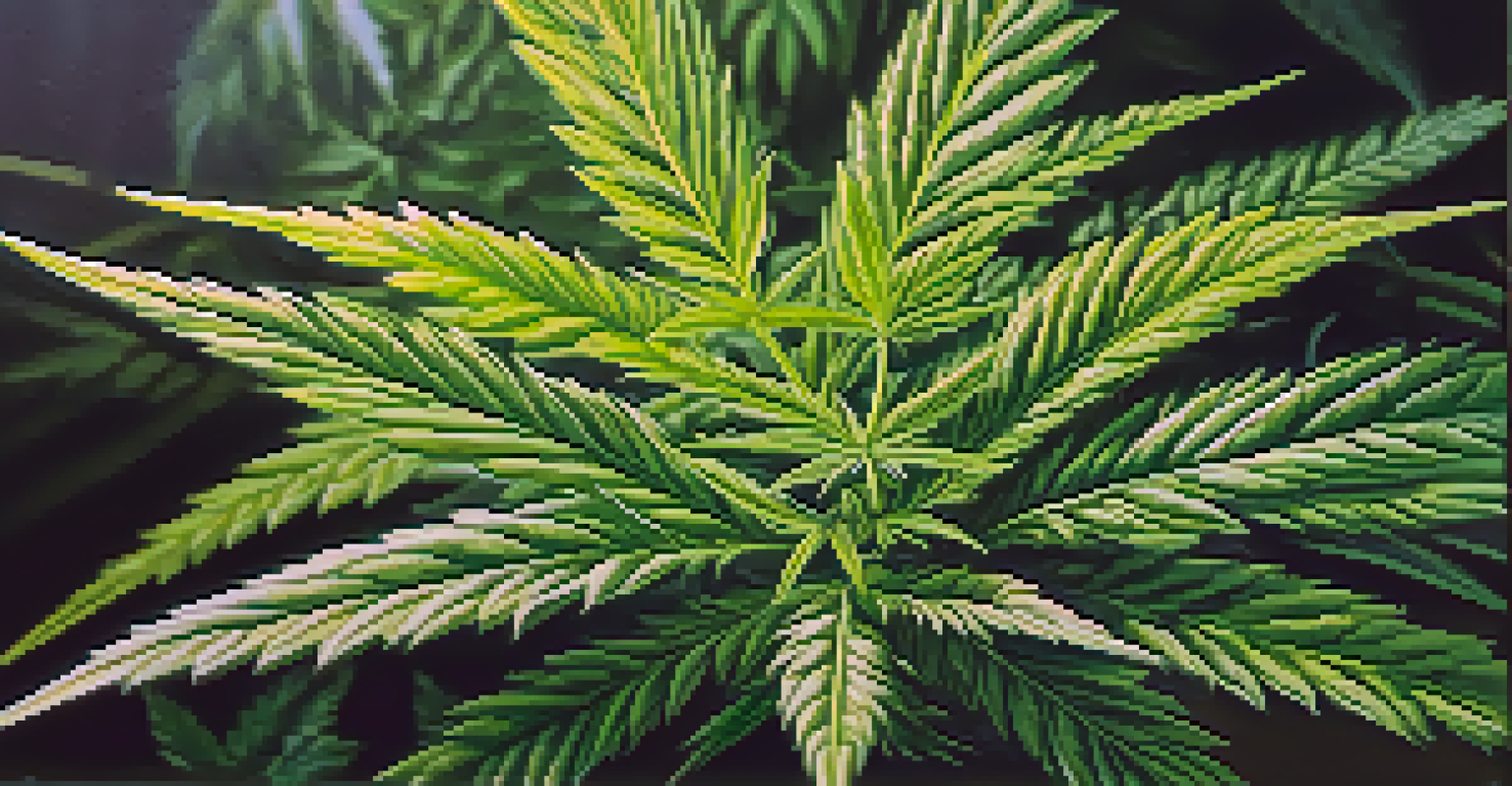 A close-up view of a cannabis plant with detailed leaves and buds, illuminated by sunlight.