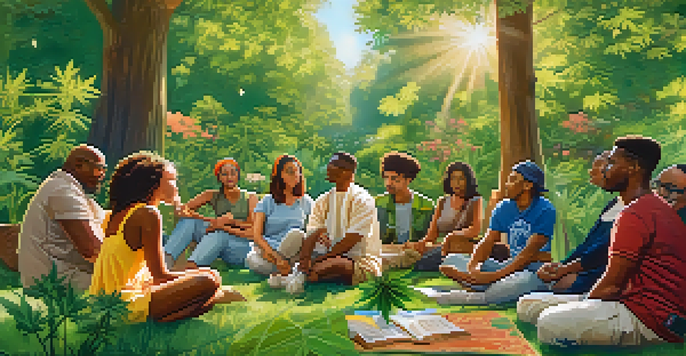 A diverse group of people in a park attending a cannabis education workshop with colorful banners and trees around them.
