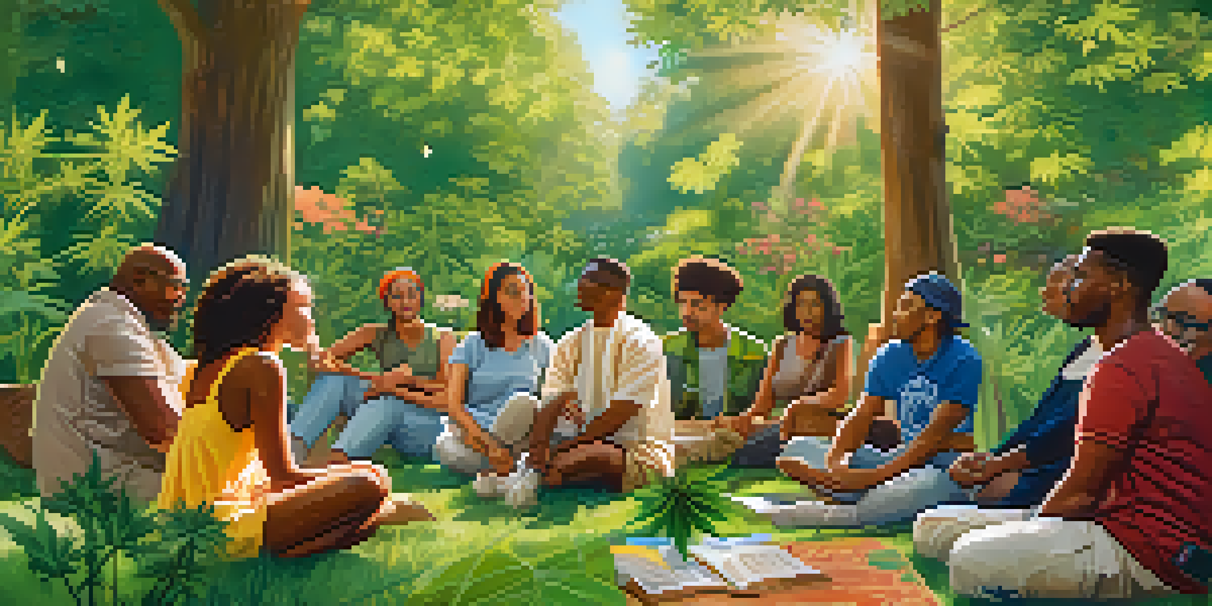 A diverse group of people in a park attending a cannabis education workshop with colorful banners and trees around them.