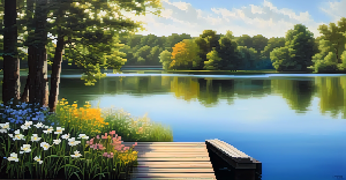 A tranquil lake scene with green trees and colorful flowers, bathed in morning sunlight.