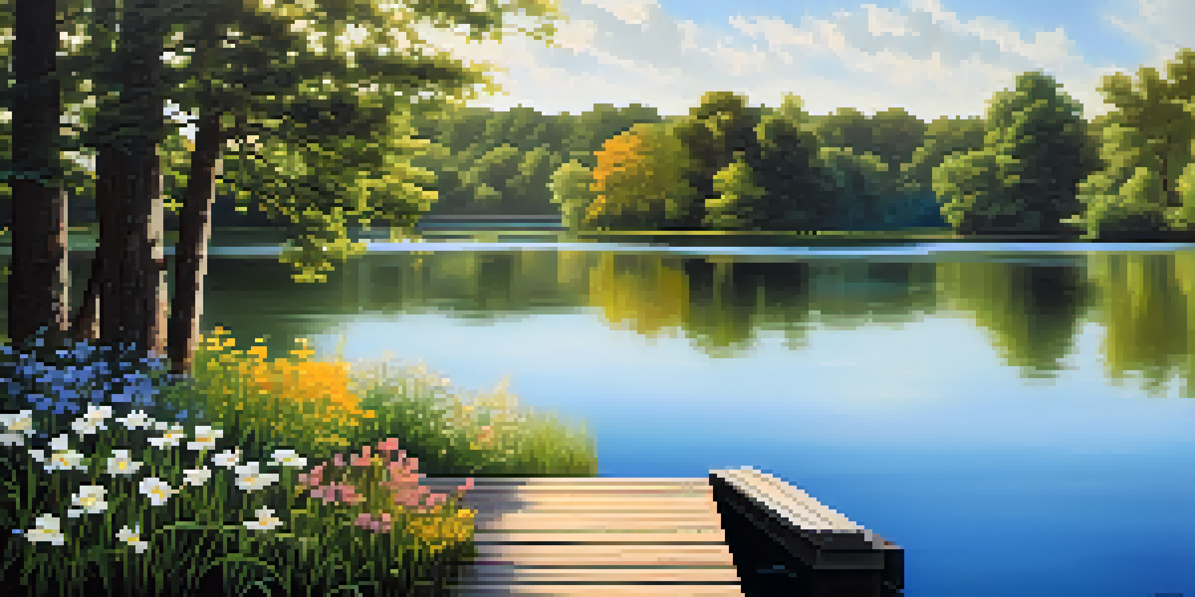 A tranquil lake scene with green trees and colorful flowers, bathed in morning sunlight.