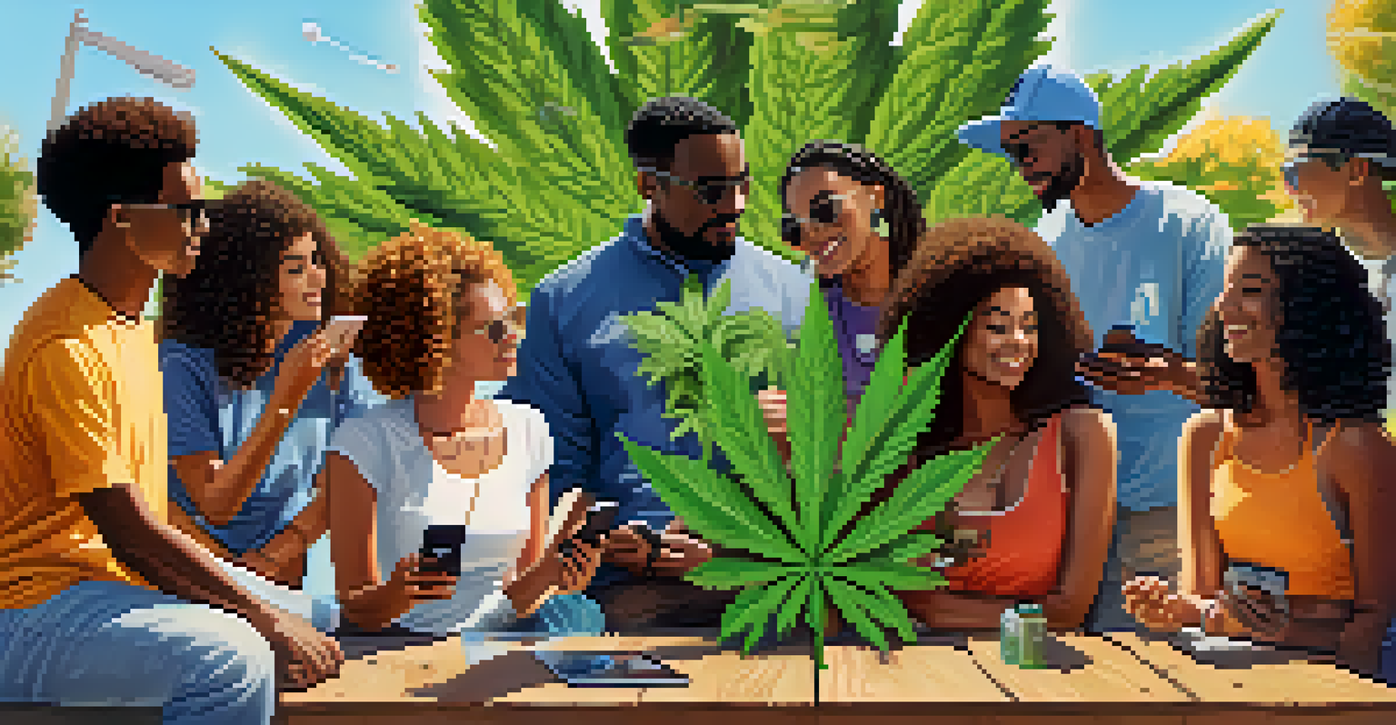 A diverse group of people discussing marijuana around a large hashtag symbol in a sunny outdoor setting.
