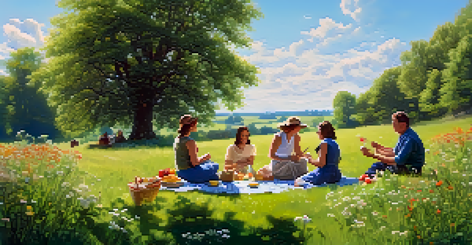 A rural picnic scene with people enjoying food in a green field.