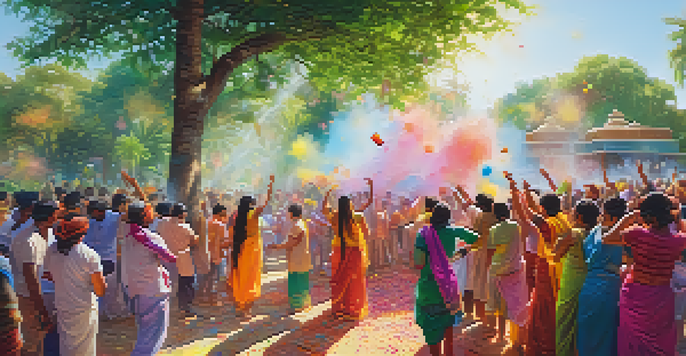A lively celebration of the Hindu festival Holi with people throwing colored powders and enjoying bhang-infused sweets and drinks amidst a green landscape.