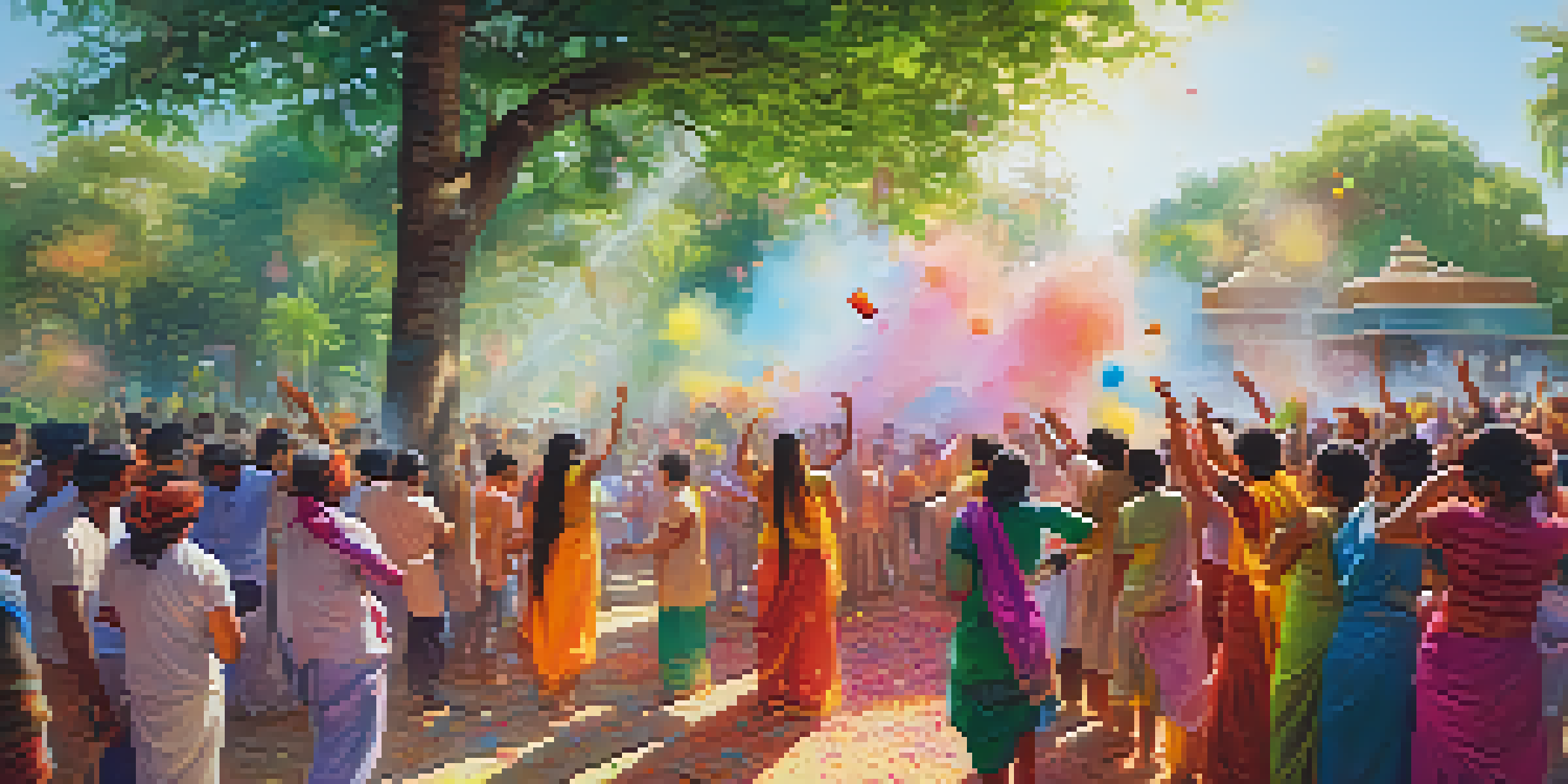 A lively celebration of the Hindu festival Holi with people throwing colored powders and enjoying bhang-infused sweets and drinks amidst a green landscape.