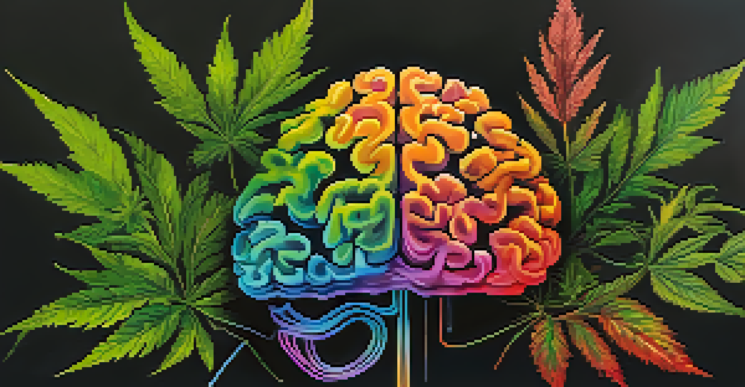A vibrant and artistic visualization of a brain surrounded by colorful cannabis leaves, representing the relationship between marijuana and mental health.