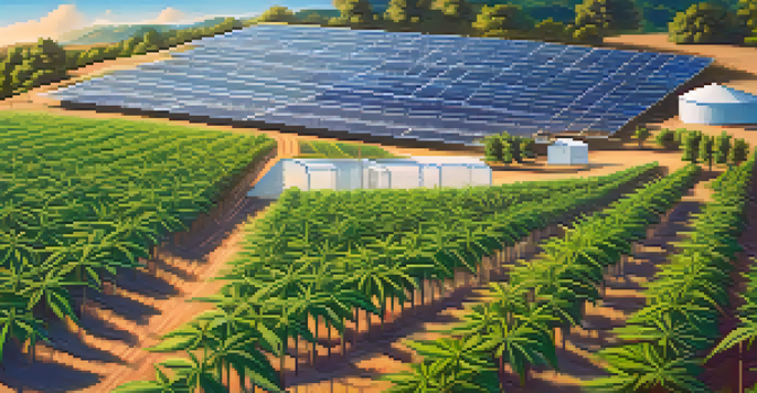 A peaceful marijuana farm showcasing green cannabis plants, solar panels, and wind turbines under a blue sky.