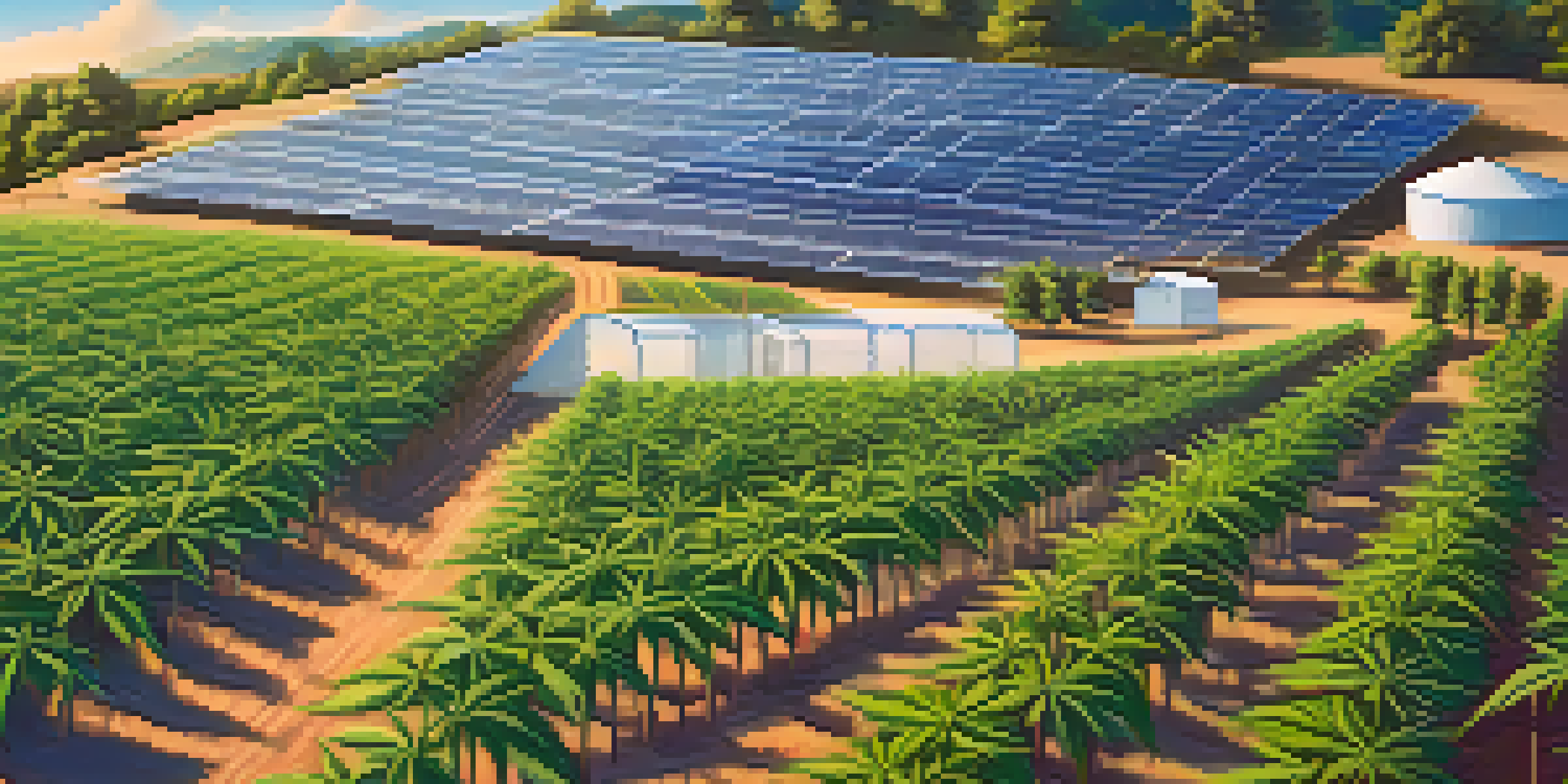 A peaceful marijuana farm showcasing green cannabis plants, solar panels, and wind turbines under a blue sky.