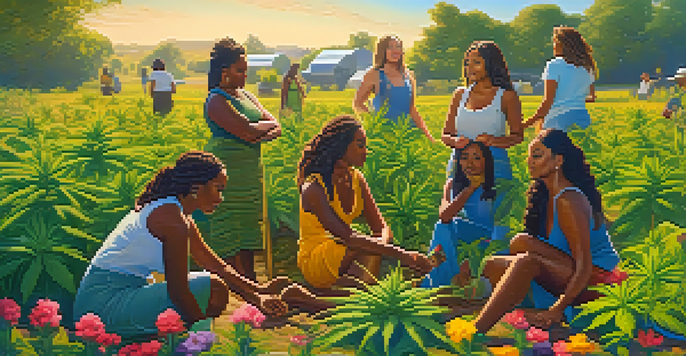 A diverse group of women working in a cannabis farm, showcasing empowerment and teamwork in a natural setting.