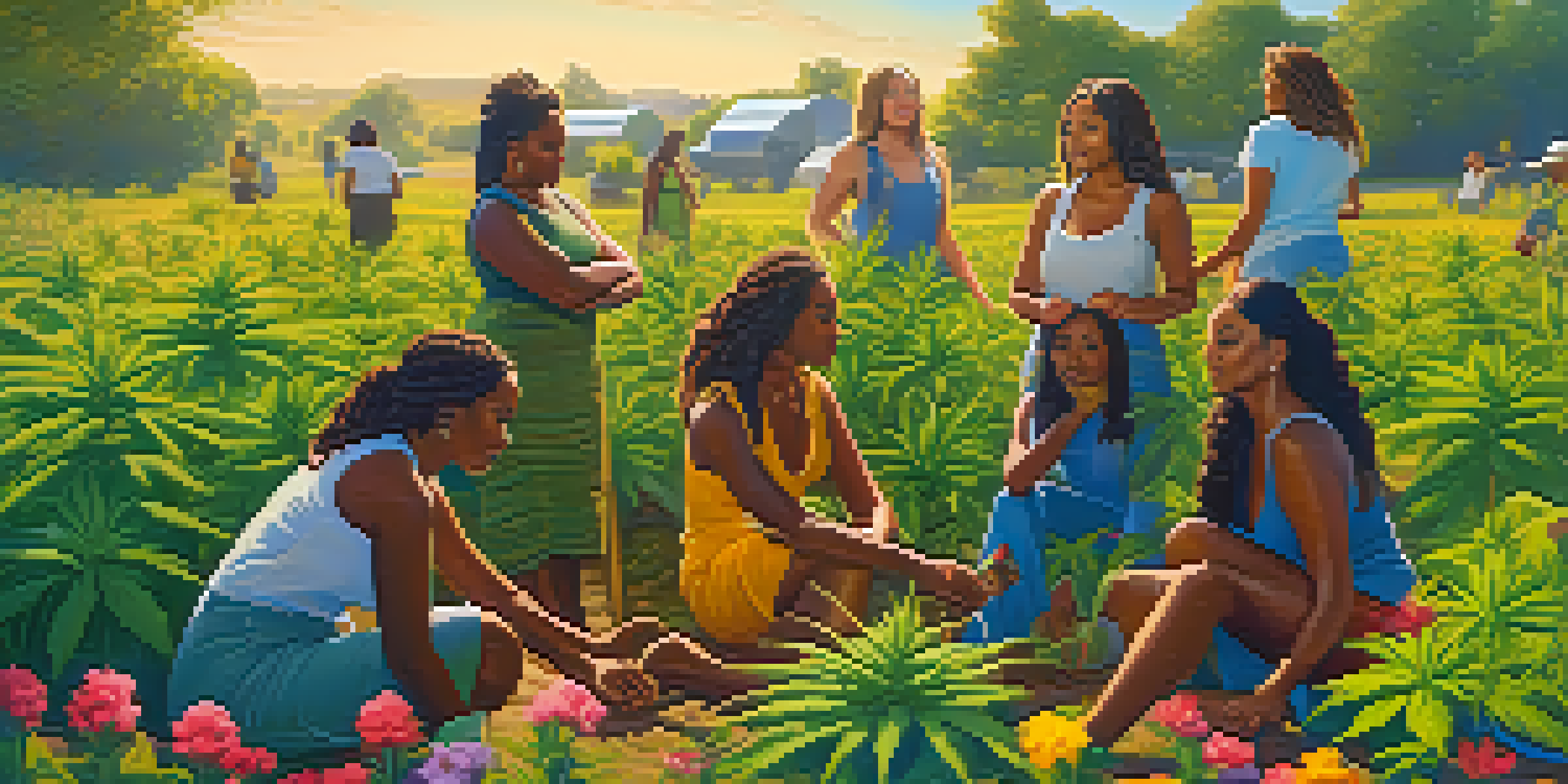 A diverse group of women working in a cannabis farm, showcasing empowerment and teamwork in a natural setting.