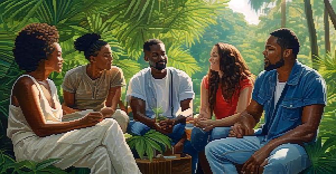 A diverse group of individuals having a conversation about marijuana use in a peaceful outdoor setting, surrounded by greenery.