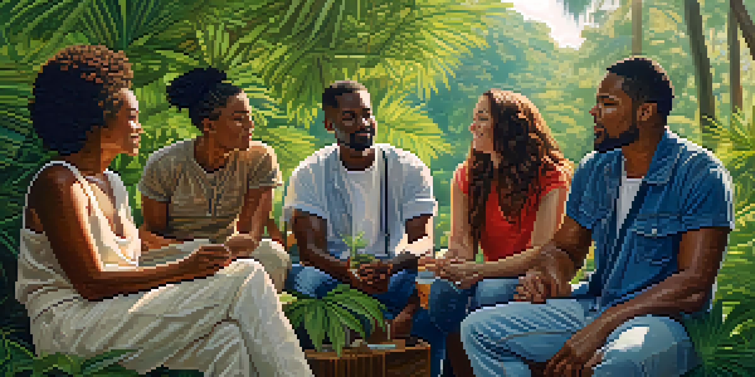 A diverse group of individuals having a conversation about marijuana use in a peaceful outdoor setting, surrounded by greenery.
