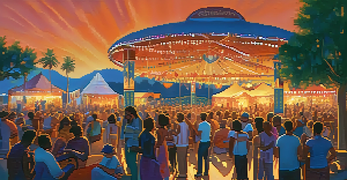 A lively outdoor festival with people of various backgrounds enjoying music and sharing cannabis, against a backdrop of sunset colors and decorations.