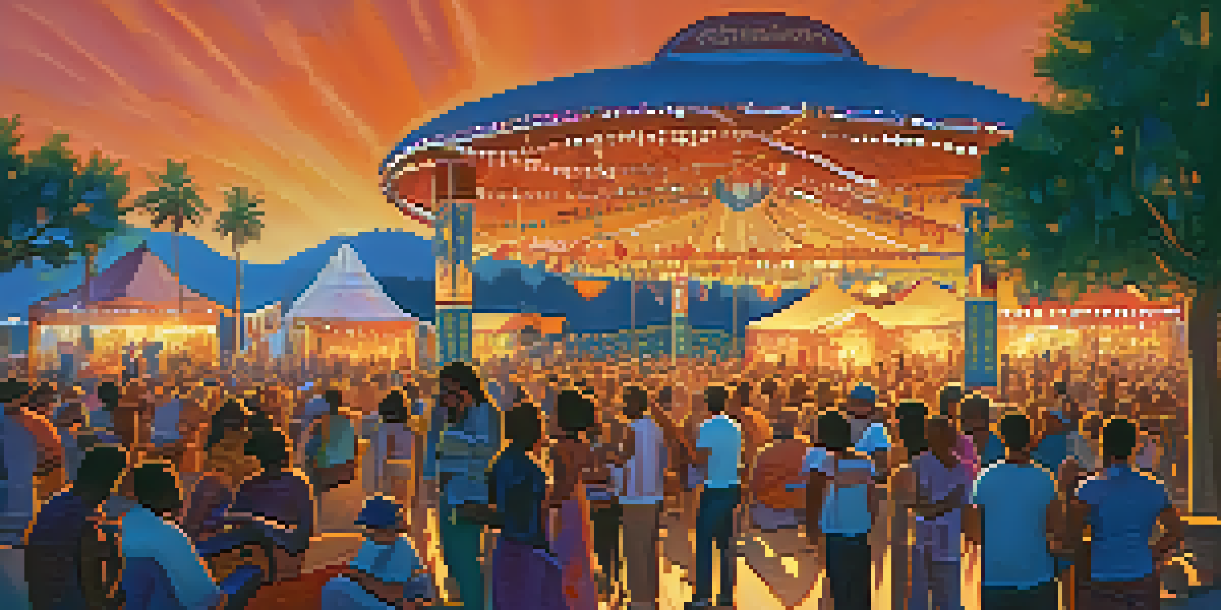 A lively outdoor festival with people of various backgrounds enjoying music and sharing cannabis, against a backdrop of sunset colors and decorations.