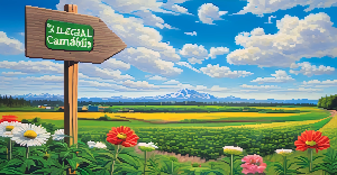 A beautiful green field with colorful flowers and a wooden signpost indicating 'Legal Cannabis', under a bright blue sky.