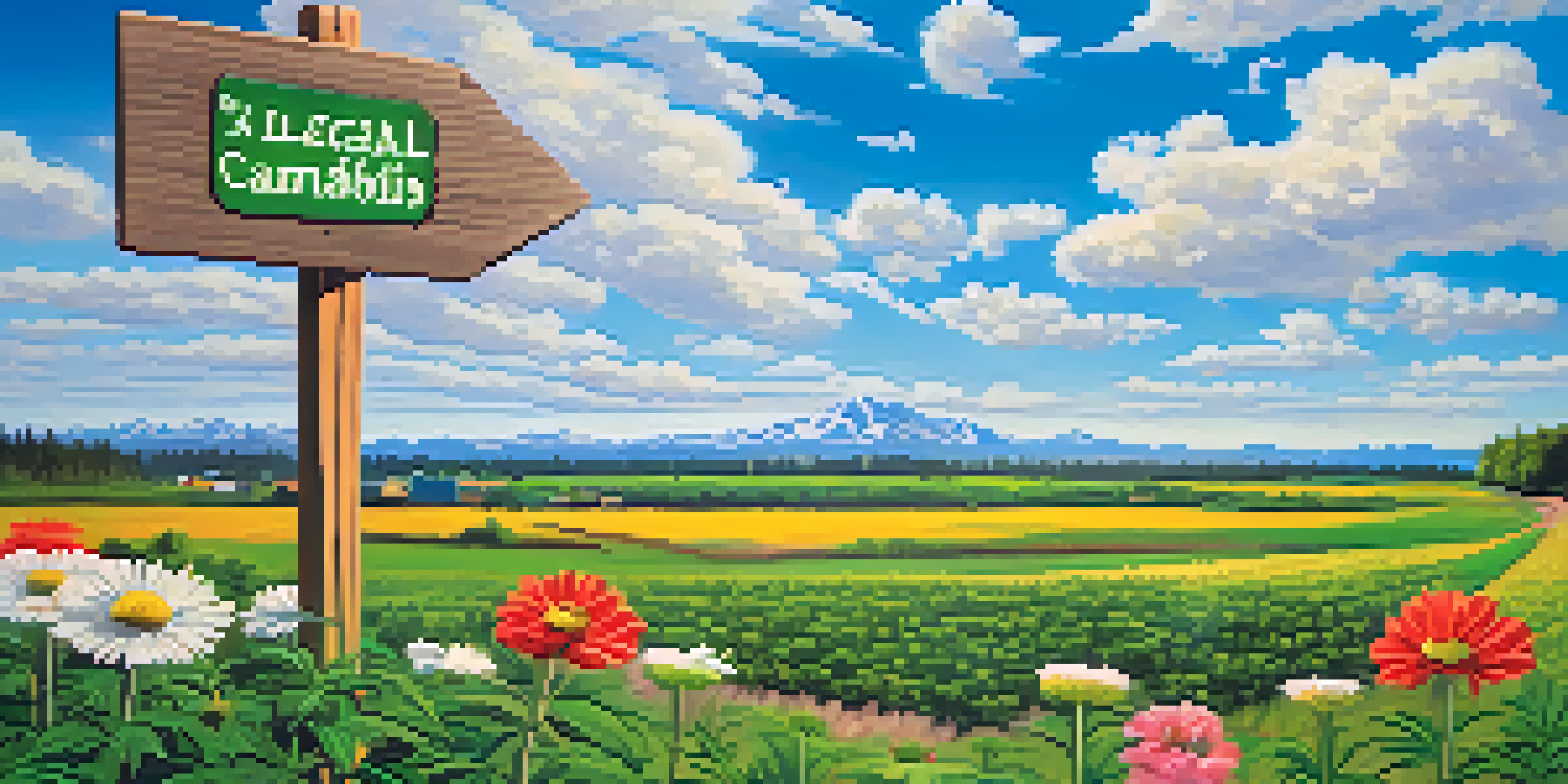 A beautiful green field with colorful flowers and a wooden signpost indicating 'Legal Cannabis', under a bright blue sky.