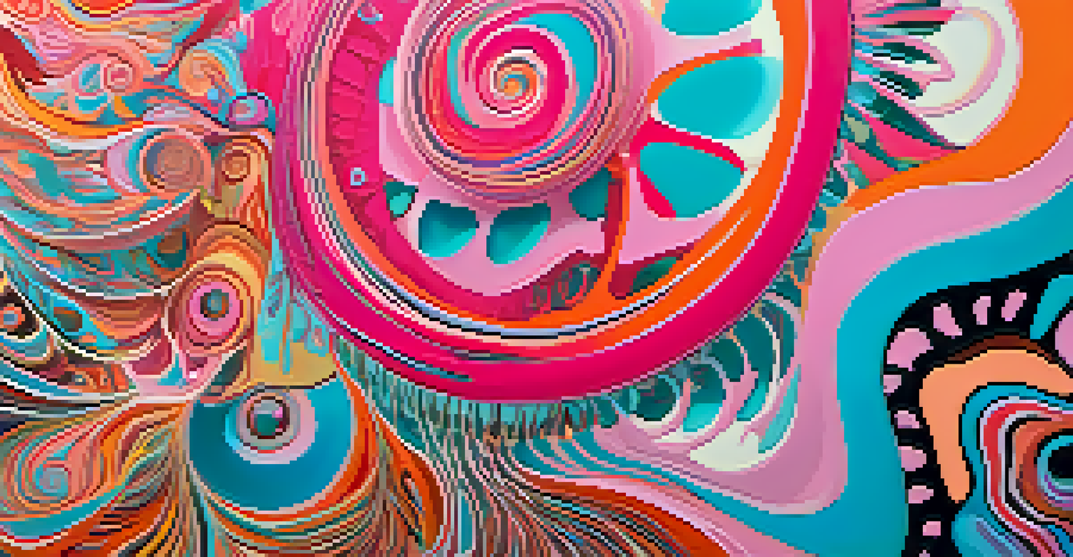 A close-up of a vibrant 1960s psychedelic art piece with swirling colors and nature-inspired patterns.