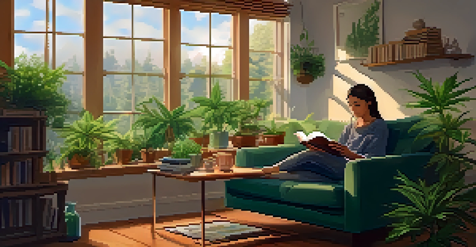 A person reading a book on cannabis and mental health in a cozy, warmly lit room.