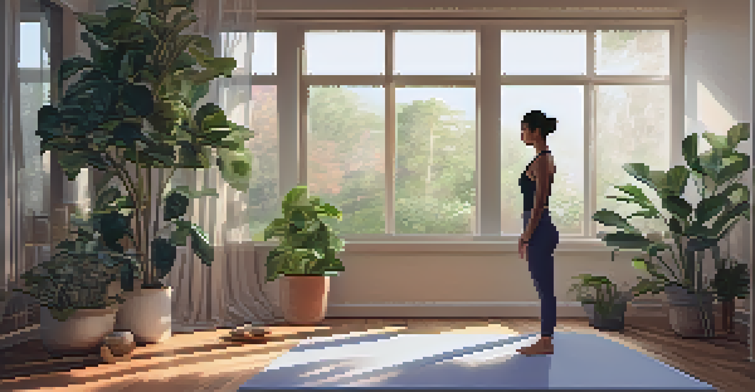 An individual practicing yoga in a tranquil room filled with plants and soft lighting, embodying mindfulness and self-care.