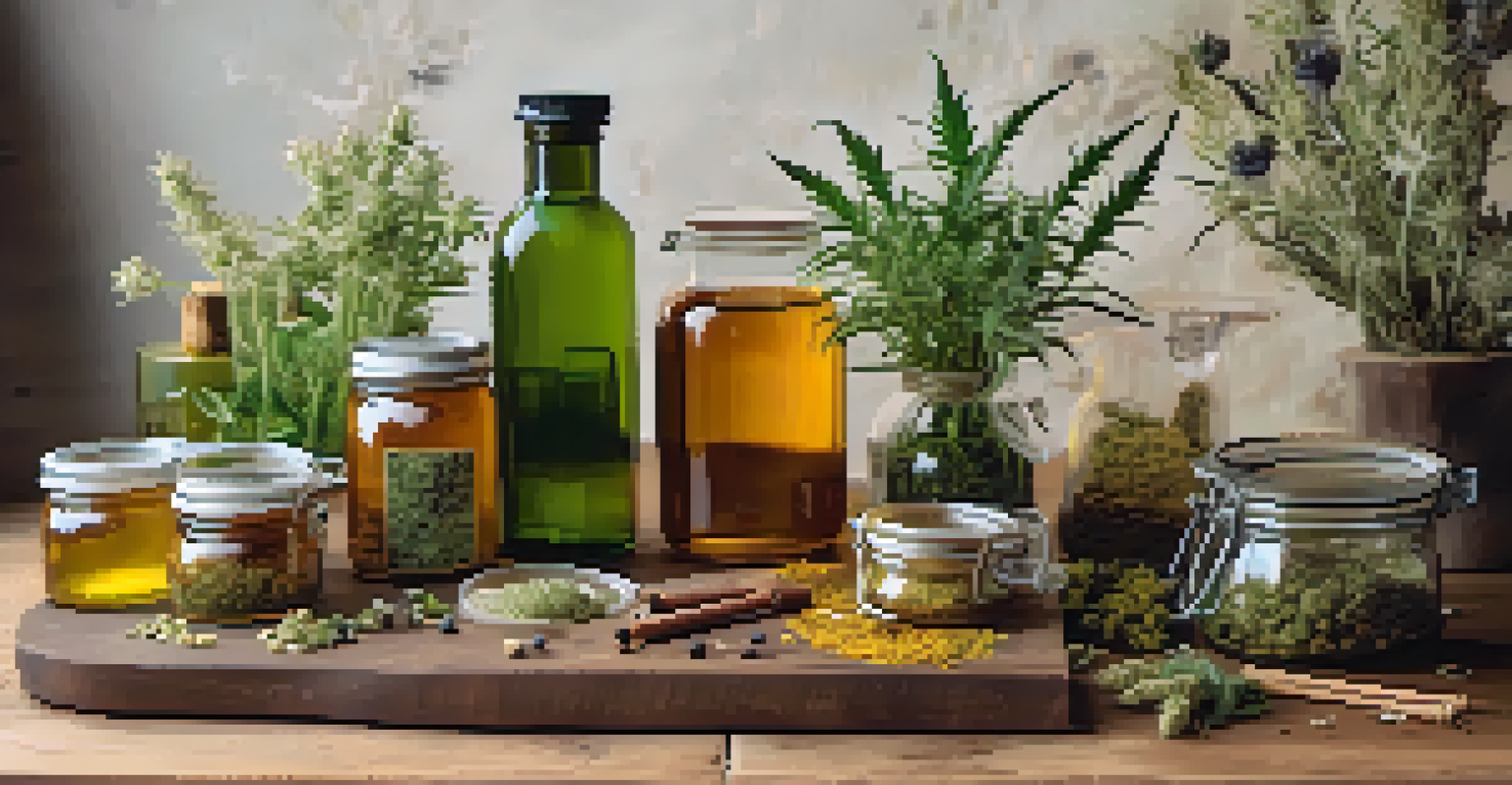 A flat lay of cannabis-infused products on a wooden table with herbs and soft lighting.