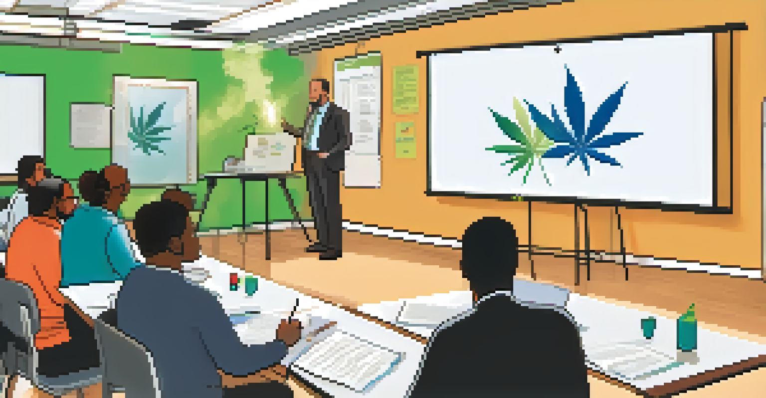 A classroom setting where stakeholders participate in a training session about marijuana policy, with a projector and notes being taken.