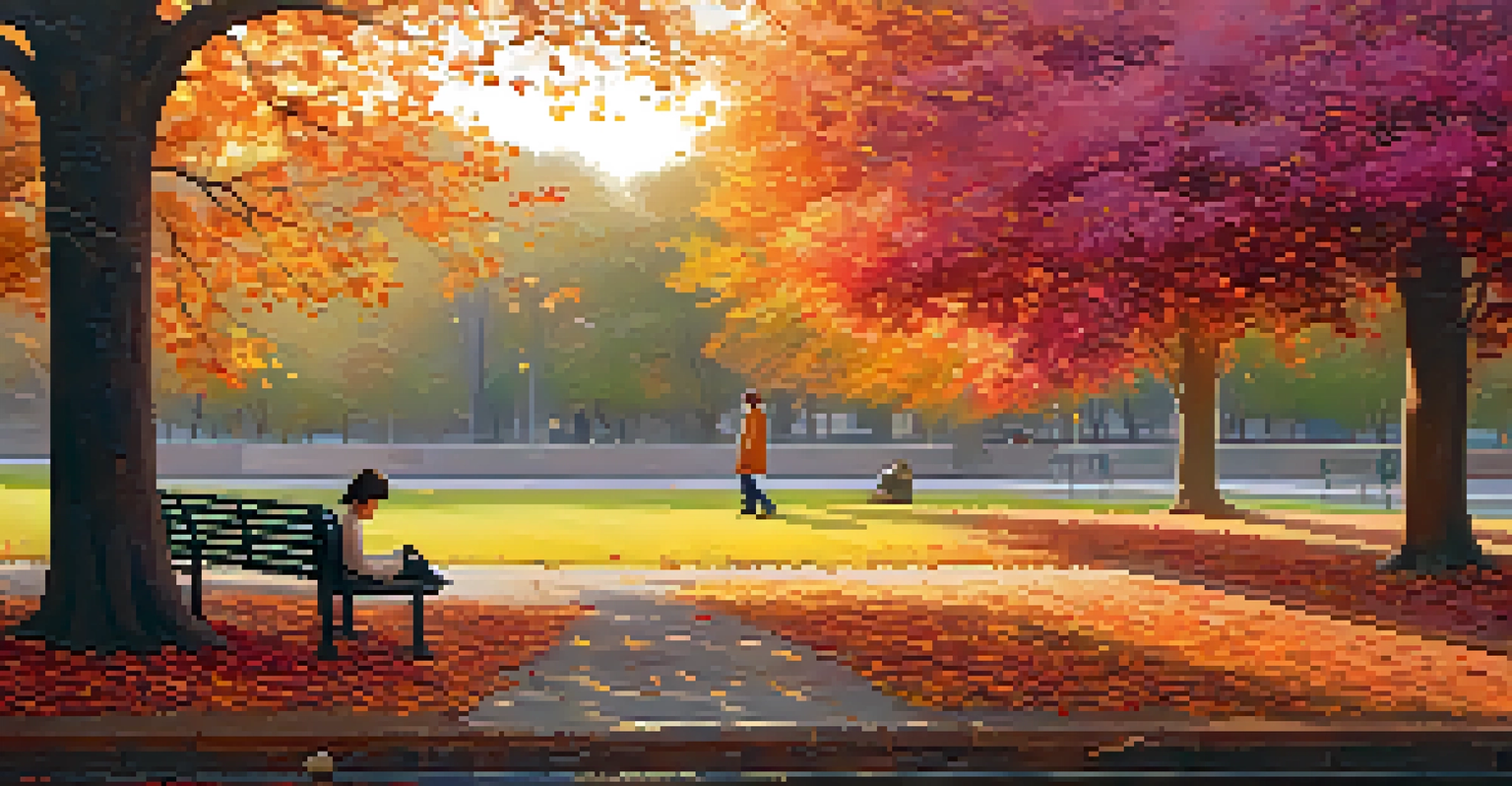 A tranquil park scene with a person sitting on a bench among autumn trees and colorful flowers during sunset.