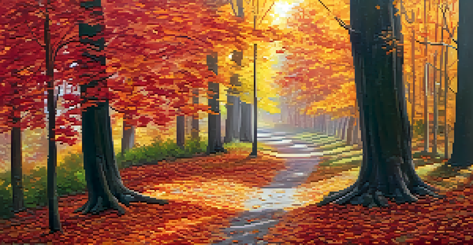 An autumn nature walk on a leaf-covered path, with a person walking surrounded by colorful trees and warm sunlight.